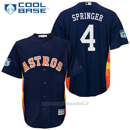 Maglia Baseball Uomo Houston Astros George Springer 4 Blu 2017 Allenamento Primaverile Cool Base Giocatore